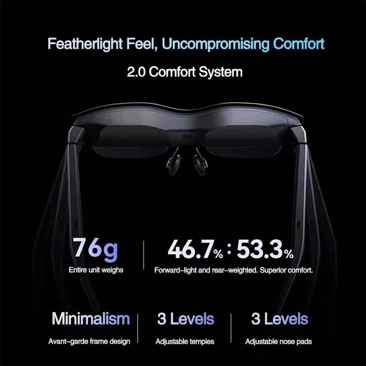 AR Comfort System 2.0 Designed for All-Day Use Lightweight, balanced & tailored AR Comfort System ensures effortless focus even during the most demanding procedures. 76g Entire unit weighs 46.7% : 53.3% Forward-light and rear-weighted. Superior comfort. Minimalism Avant-garde frame design 3 Levels Adjustable temples 3 Levels Adjustable nose pads